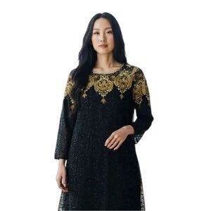 VTG Carolyne Barton Night pure silk Black Gold beaded 3/4 sleeve dress size M